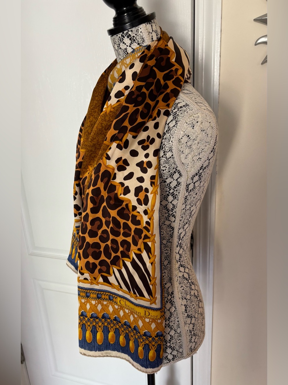 Christian Dior Italy Silk Gold Blue Animal Print Shawl Wrap Scarf-53x53-VINTAGE